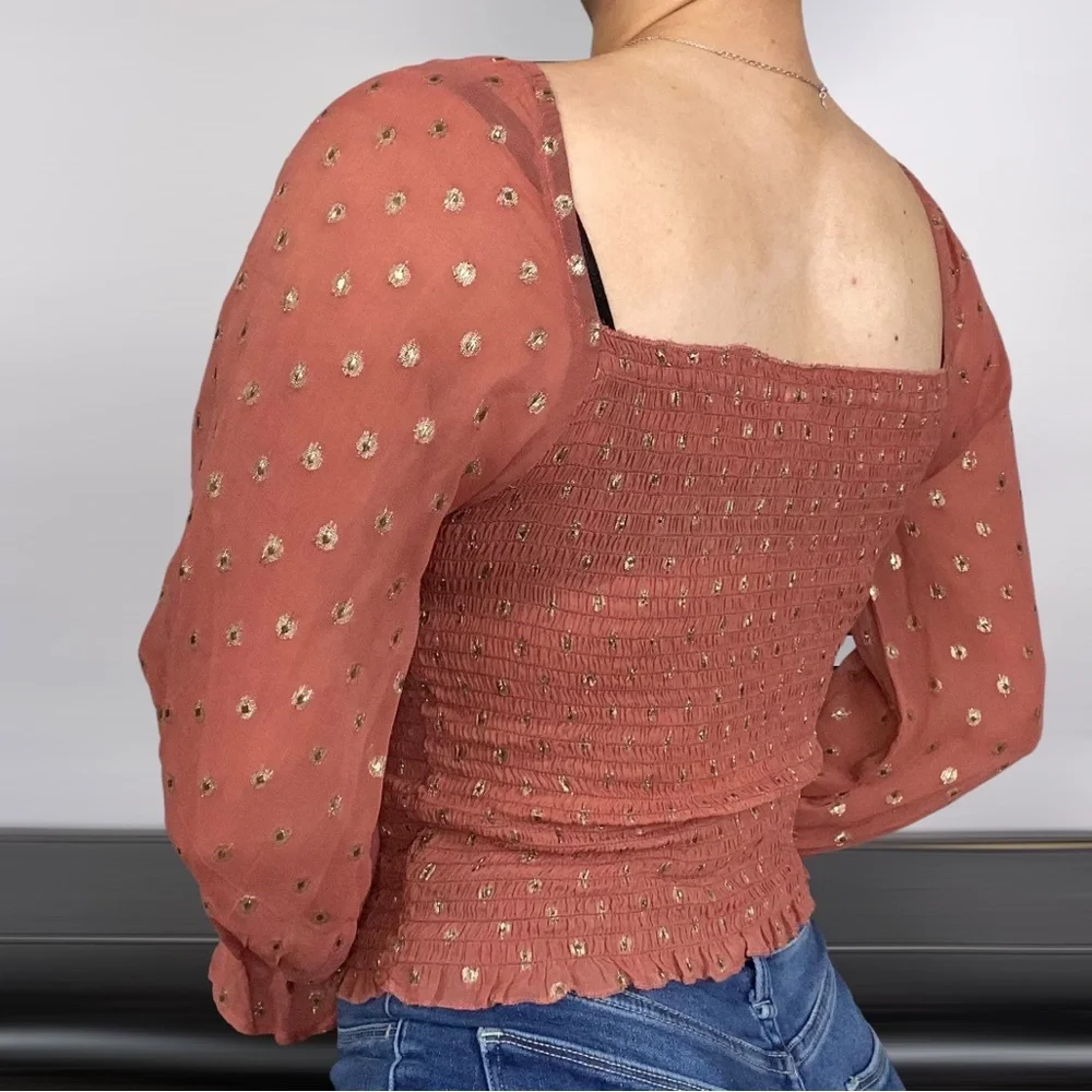 RAGA Elle Smocked Top in Burnt‎ Orange Square Neck Gold Stretchy Size Large